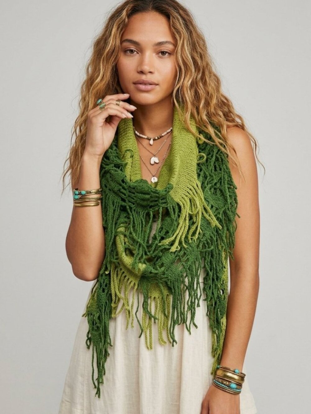 Blue Star Clothing Green Open Knit Fringe Infinity Scarf Boho